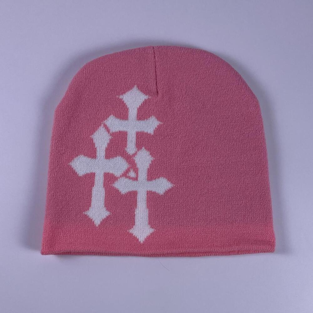 Y2K Triple Cross Knit Beanie | Pink and White Gothic Cross Skull Cap | Grunge St